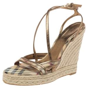 Burberry Gold/Beige House Check PVC and Patent Leather Criss Cross Espadrille Sandals Size 40.5
