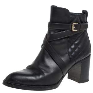 Burberry Black Quilted Leather Buckle Ankle Boots Size 40