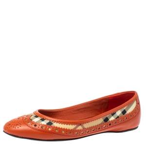 Pre Owned Burberry Orange Brogue Leather And Haymarket Check Canvas Tudor Ballet Flats Size 37