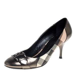 Pre Owned Burberry Metallic Grey House Check Canvas And Leather Pumps Size 37