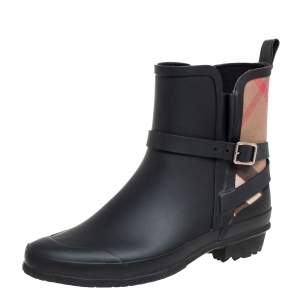 Pre Owned Burberry Black Rubber And Canvas Nova Check Riddlestone Wrap Rain Booties Size 37
