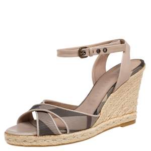 Pre Owned Burberry Beige/Black Coated Canvas And Leather Ankle Strap Espadrille Wedges Sandals Size 36