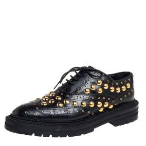 Pre Owned Burberry Black Leather Deardown Studded Lace Up Oxfords Size 38