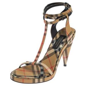 Pre Owned Burberry Beige Novacheck Canvas Hans T-Strap Sandals Size 37