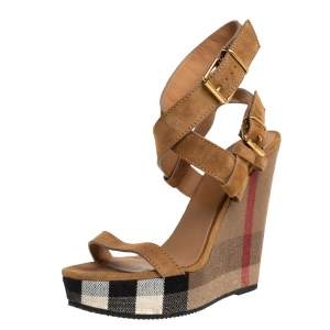 Pre Owned Burberry Brown Suede Criss Cross Strappy Platform Ankle Strap Sandals Size 39.5