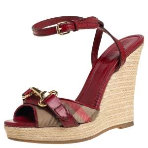 مملوكة مسبقًا Burberry Red Leather And House Check Canvas Tenbury Ankle Strap Wedge Platform Sandals Size 35