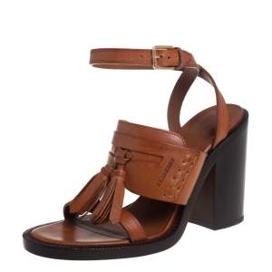 Pre Owned Burberry Brown Leather Bethany Tassel Detail Block Heel Ankle Strap Sandals Size 39