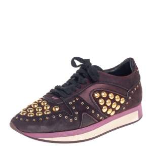 Burberry Burgundy Suede And Satin Studded Low Top Sneakers Size 38