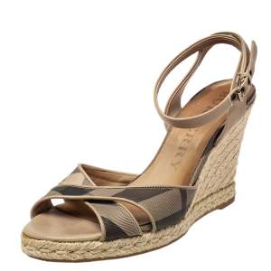 Pre Owned Burberry Beige/Black Coated Canvas And Leather Ankle Strap Espadrille Wedges Sandals Size 40