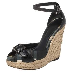 Burberry Black Leather and Novacheck Canvas Buckle Detail Peep Toe Espadrille Wedge Sandals Size 36
