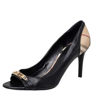 Pre Owned Burberry Black Leather And Check Coated Canvas Embellished Open Toe Pumps Size 41