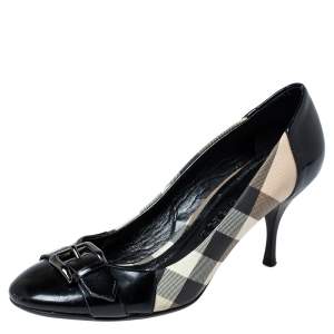 Burberry Black Nova Check Coated Canvas and Patent Leather Buckle Round Toe Pumps Size 38
