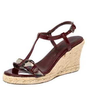 Pre Owned Burberry Burgundy Patent Leather And Nova Check Coated Canvas Wedge Espadrille Sandals Size 37