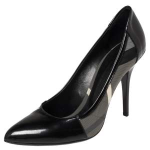 Burberry Black Nova Check Fabric And Patent Leather Pointed Toe Pumps Size 39.5