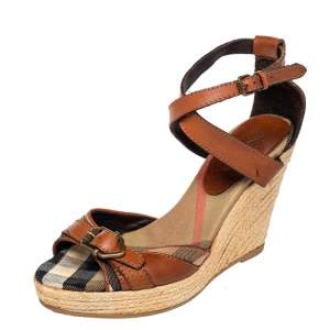 Burberry Brown Leather And Novacheck Canvas Buckle Detail Wedge Espadrille Sandals Size 39