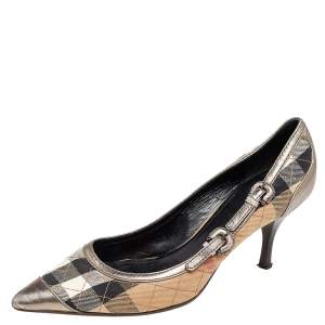 Pre Owned Burberry Beige/Grey Nova Check Canvas And Leather Buckle Detail Pointed Toe Pumps Size 39