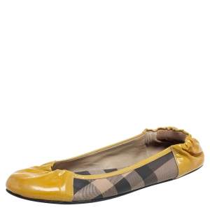 Burberry Yellow Patent Leather and Nova Check Coated Canvas Scrunch Ballet Flats Size 39