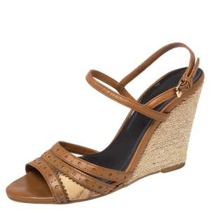 Burberry Beige/Tan Canvas And Leather Ankle Strap Espadrille Wedge Sandals Size 37