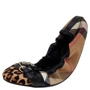 Pre Owned Burberry Black/Beige Novacheck Canvas and Leather Buckle Scrunch Ballet Flats Size 41
