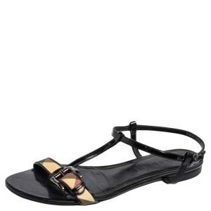 Pre Owned Burberry Black House Check PVC Belted Flat Sandals Size 39