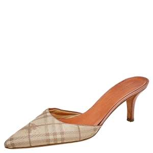 Burberry Beige Haymarket Check Fabric Pointed Toe Mules Size 38