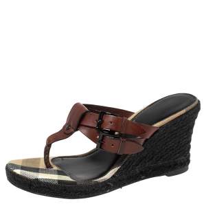 Burberry Brown Leather Wedge Espadrille Thong Slide Sandals Size 38