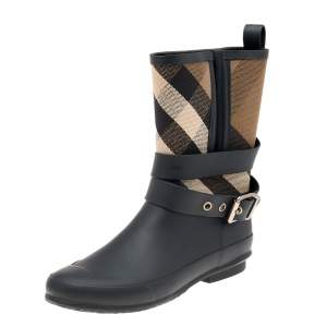 Burberry Black/Beige Rubber And Nova Check Canvas Holloway Rain Boots Size 36