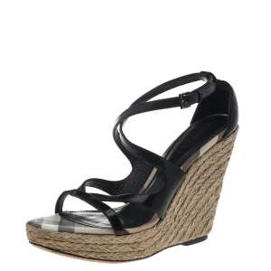 Burberry Black Patent Leather Strappy Wedge Espadrille Sandals Size 41