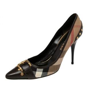 Pre Owned Burberry Brown/Beige House Check Canvas And Leather Pointed Toe  Buckle  Pumps Size 40