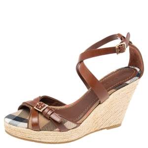 Burberry Brown Leather and Nova Check Canvas Buckle Detail Espadrille Wedge Sandals Size 39