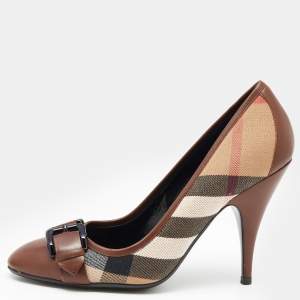 Pre Owned حذاء كعب عالي بربري جلد وكانفاس كاروهات هاوس بيج/بني بإبزيم مقدمة مستديرة مقاس 38