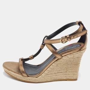Burberry Metallic Bronze Leather Wedge Espadrille Sandals  Size 38.5