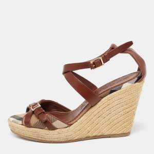 Burberry Brown Leather And Nova Check Canvas Buckle Detail Espadrille Wedge Platform Sandals Size 39
