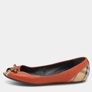 Pre Owned Burberry Orange/Beige Leather And Haymarket Coated Canvas Bow Peep Toe Ballet Flats Size 39