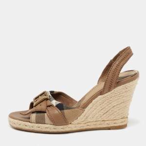 Burberry Brown Leather And Novacheck Canvas Espadrille Wedge Sandals Size 38