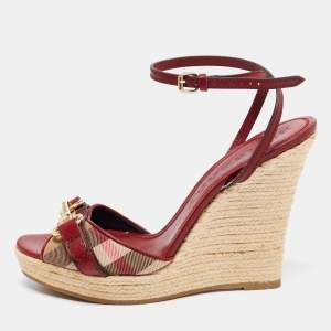 Burberry Red/Beige Check Canvas And Leather Espadrille Wedge Ankle Strap Sandals Size 41