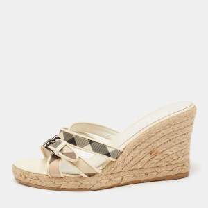 Burberry Cream Nova Check Canvas And Patent Leather Criss Cross Espadrille Wedge Sandals Size 37