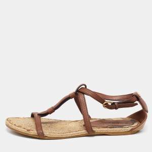 Burberry Brown/Beige Leather and House Check Canvas T-Strap Flat Sandals Size 39.5