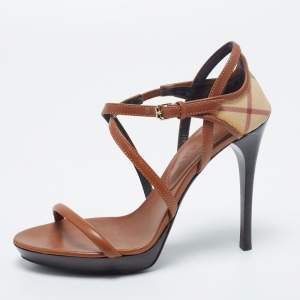 Burberry Brown/Beige House Check Canvas And Leather Ankle Strap Sandals Size 36
