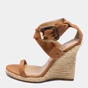Burberry Brown Leather Catsbrook Espadrille Wedge Sandals Size 38.5