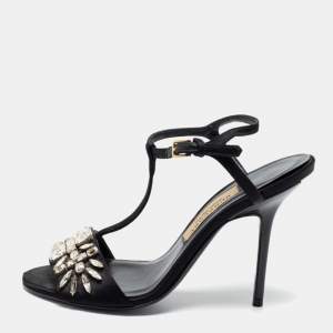Burberry Black Satin Embellished T Strap Sandals Size 37