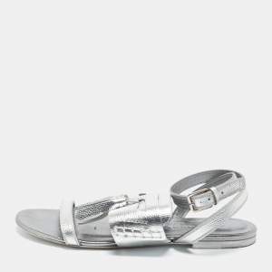 Burberry Metallic Silver Leather Bethany Tassel Detail Flat Sandals Size 40