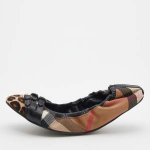 Burberry Brown House Check and Calf Hair Falcony Scrunch Ballet Flats Size 39