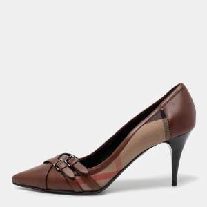 Pre Owned Burberry Brown/Beige House Check Canvas and Leather Pointed Toe Buckle Pumps Size 41