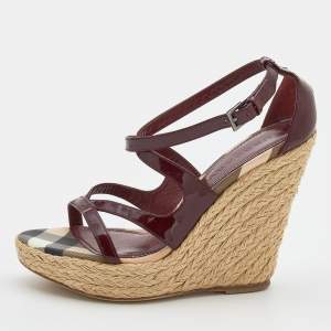Burberry Burgundy Patent Leather Espadrille Wedge Ankle Strap Sandals Size 39