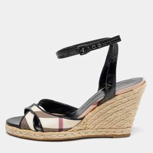 Burberry Tri-Color Nova Check Canvas and Patent Leather Espadrille Wedge Ankle-Strap Sandals Size 40