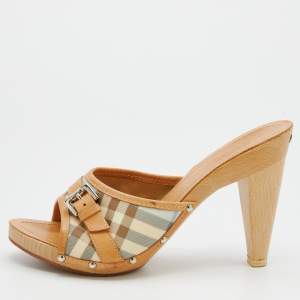 Burberry Beige/Light Blue PVC and Leather Mules Size 40