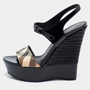 Burberry Black Nova Check Espadrille Platform Wedge Sandals Size 38