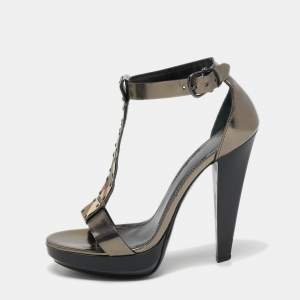 Burberry Bronze/Beige House Check Canvas And Leather Ankle Strap Sandals Size 39