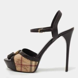 Burberry Brown/Beige Leather and Nova Check Canvas Platform Ankle Strap Sandals Size 41